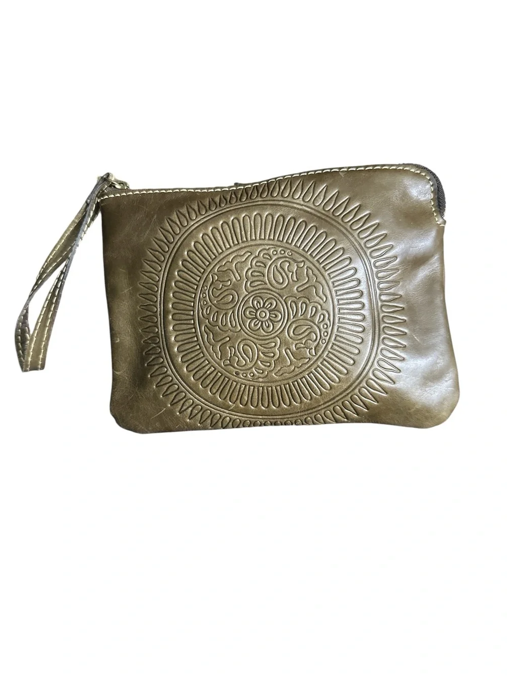 Patricia Nash Cassini Wristlet Leather Clutch in Brown with Embossed Medallion